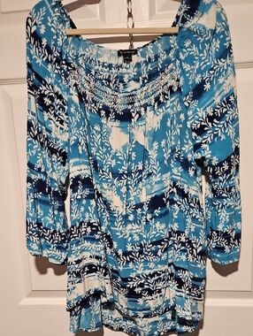 Blue Floral Smocked Neck Tunic Top